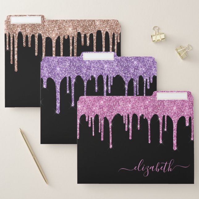 Glitter Drips Personalized Black File Folder (Set)