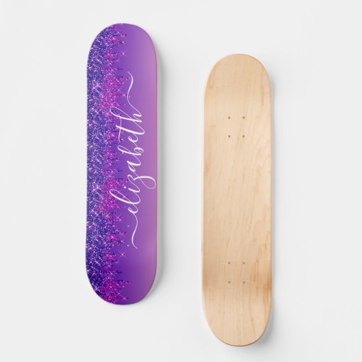 Glitter Drips Personalized Purple Pink Skateboard | Zazzle