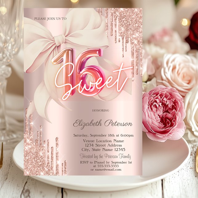 Glitter Drips Pink Bow Rose Gold Shiny Sweet 16 Invitation (Creator Uploaded)