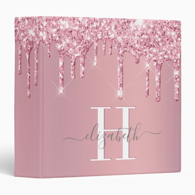 Glitter Drips Pink Monogram 3 Ring Binder (Front/Spine)