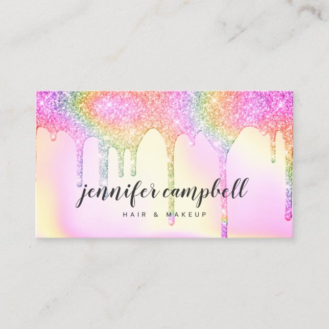 Glitter drips pink rainbow holographic makeup hair business card (Front)