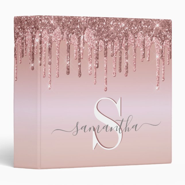 Glitter Drips Pink Rose Gold Personalized 3 Ring Binder (Front/Spine)