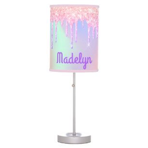 Glitter drips pink rose gold rainbow monogram table lamp