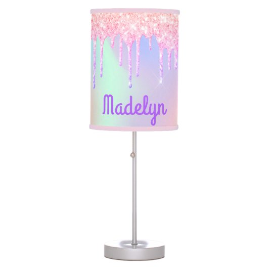 Glitter drips pink rose gold rainbow monogram table lamp (Front)