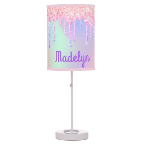 Glitter drips pink rose gold rainbow monogram table lamp