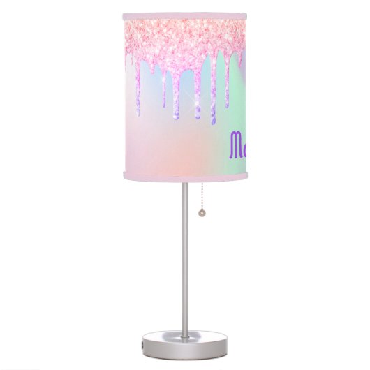 Glitter drips pink rose gold rainbow monogram table lamp (Left)