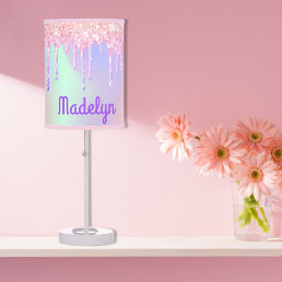 Glitter drips pink rose gold rainbow monogram table lamp