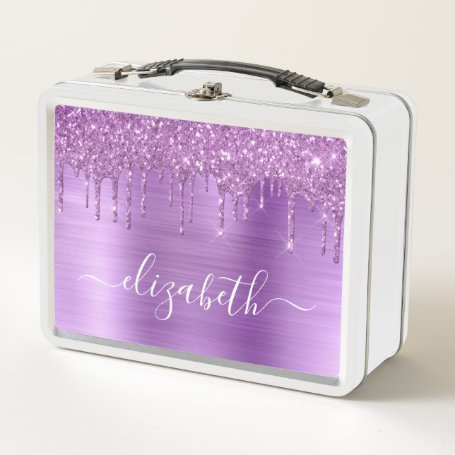 Glitter Drips Purple Personalized Metal Lunch Box (Front)