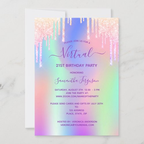 Glitter drips rainbow pink virtual birthday party invitation