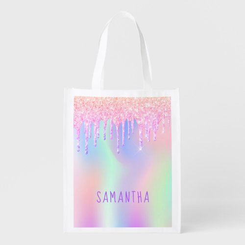 Glitter drips rainbow unicorn color pink name grocery bag