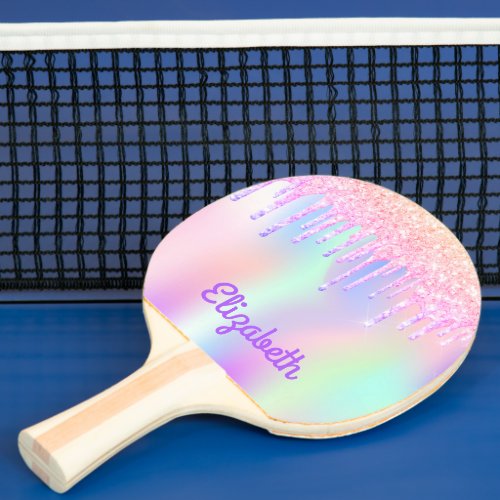 Glitter drips rainbow unicorn colored pink name ping pong paddle