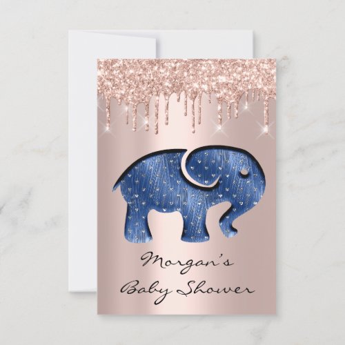 Glitter Drips Rose Baby Shower Elephant Navy Invitation