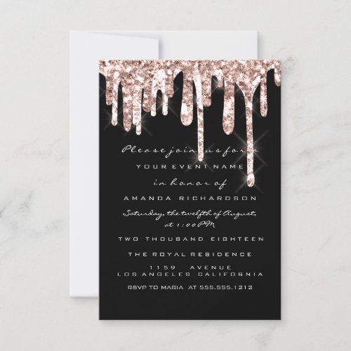 Glitter Drips Rose Black White Bridal Sweet 16th Invitation
