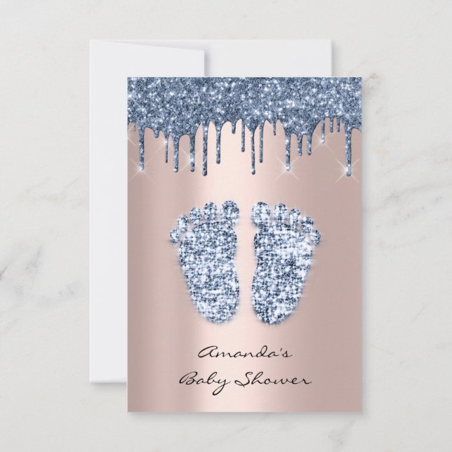 Glitter Drips Rose Blue Baby Boy Shower Feet  Invitation (Back)
