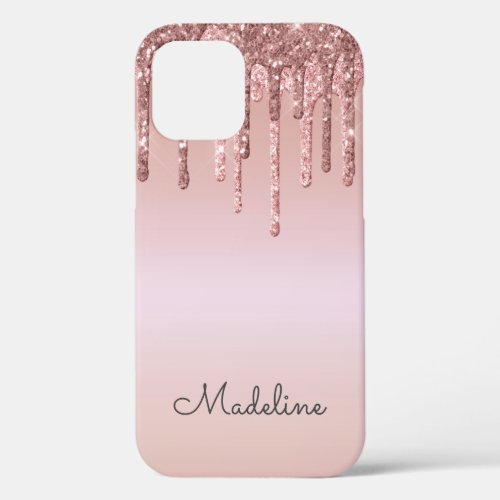 Glitter Drips Rose Blush Pink Black Script Name iPhone 12 Case
