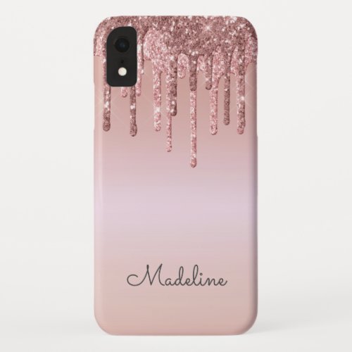 Glitter Drips Rose Blush Pink Black Script Name iPhone XR Case