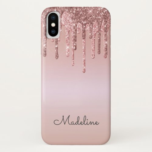 Glitter Drips Rose Blush Pink Black Script Name iPhone XS Case