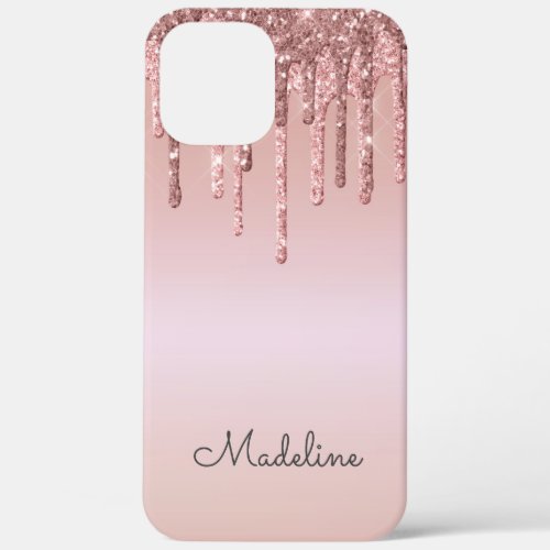 Glitter Drips Rose Blush Pink Black Script Name iPhone 12 Pro Max Case