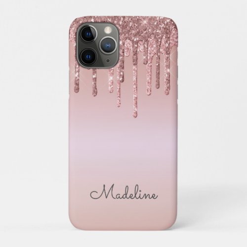 Glitter Drips Rose Blush Pink Black Script Name iPhone 11 Pro Case