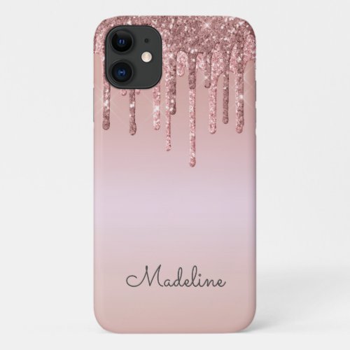 Glitter Drips Rose Blush Pink Black Script Name iPhone 11 Case