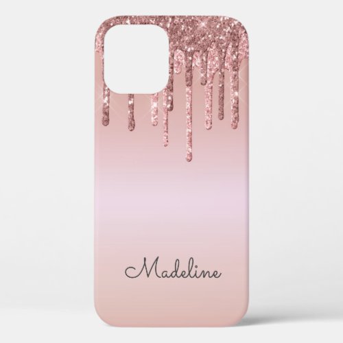Glitter Drips Rose Blush Pink Black Script Name iPhone 12 Pro Case
