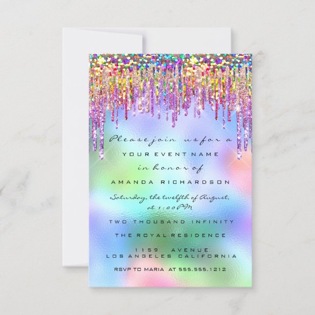 Glitter Drips Rose Bridal 16th Rainbow Holographic Invitation (Front)
