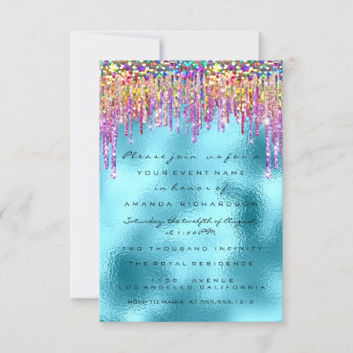Glitter Drips Rose Bridal 16th Rainbow Ocean Invitation