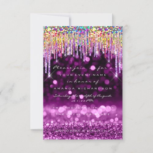 Glitter Drips Rose Bridal 16th Rainbow Purple Invitation