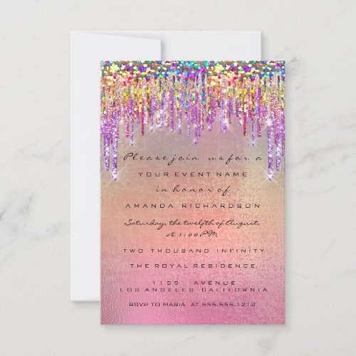 Glitter Drips Rose Bridal 16th Rainbow Unicorn Invitation