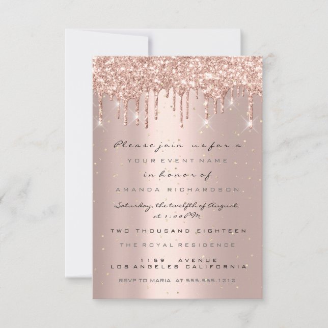 Glitter Drips Rose Confetti Bridal Sweet 16th Invitation (Front)