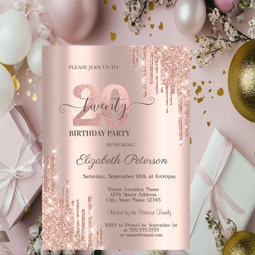 Glitter Drips Rose Gold 20th Birthday Party