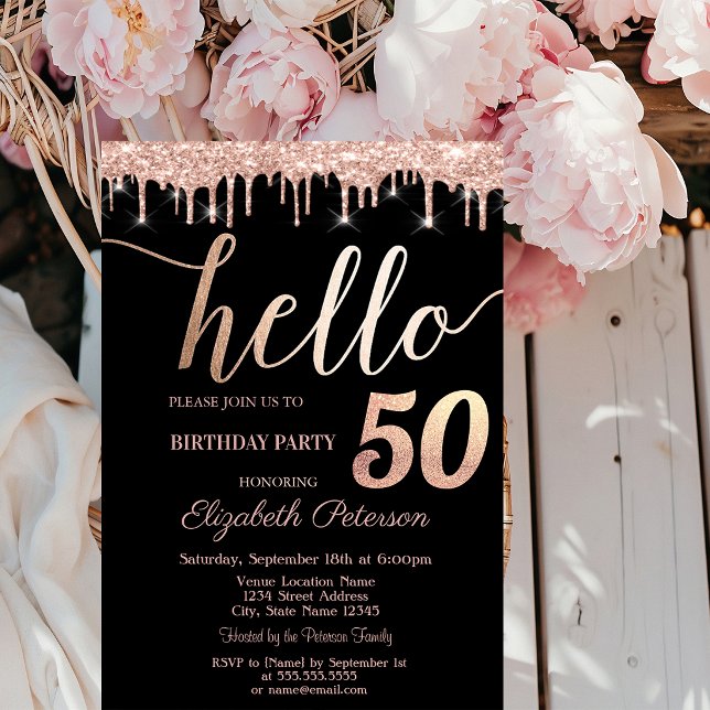 Glitter Drips Rose Gold 50th Birthday Party Invitation (Creator Uploaded)