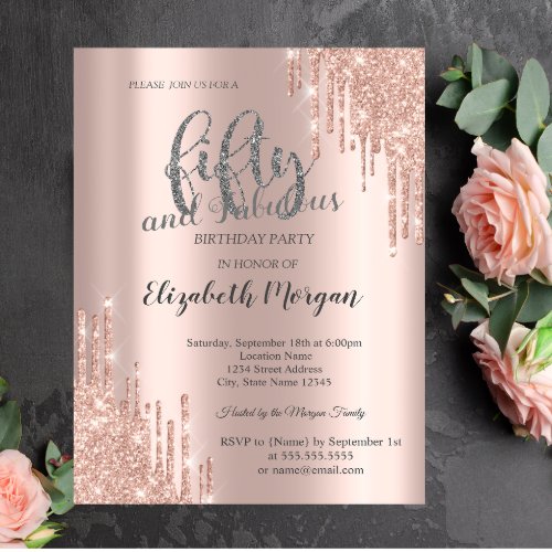   Glitter Drips Rose Gold 50th Birthday Party  Invitation