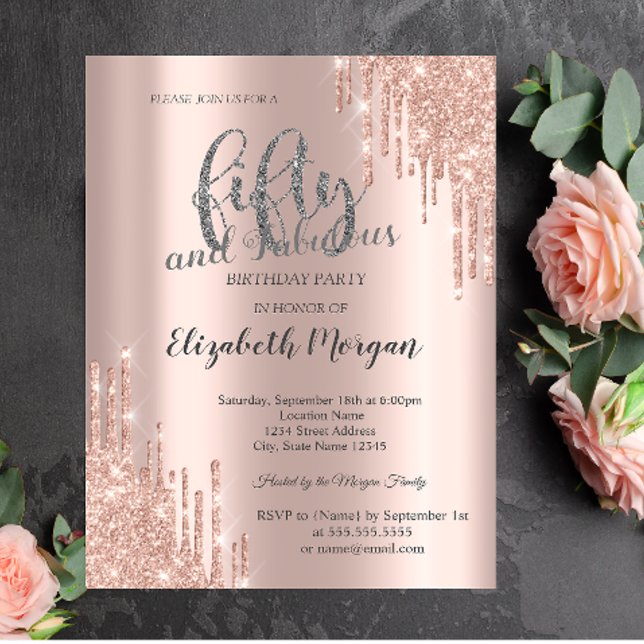  Glitter Drips Rose Gold 50th Birthday Party  Invitation (Creator Uploaded)