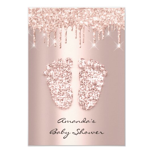 Glitter Drips Rose Gold Baby Girl Shower Feet Invitation