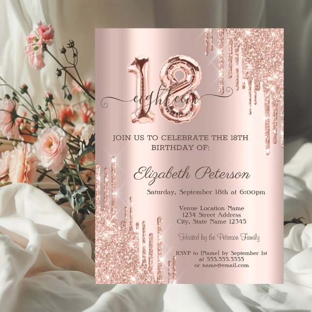Glitter Drips Rose Gold Balloon 18th Birthday  Invitation (Creator Uploaded)