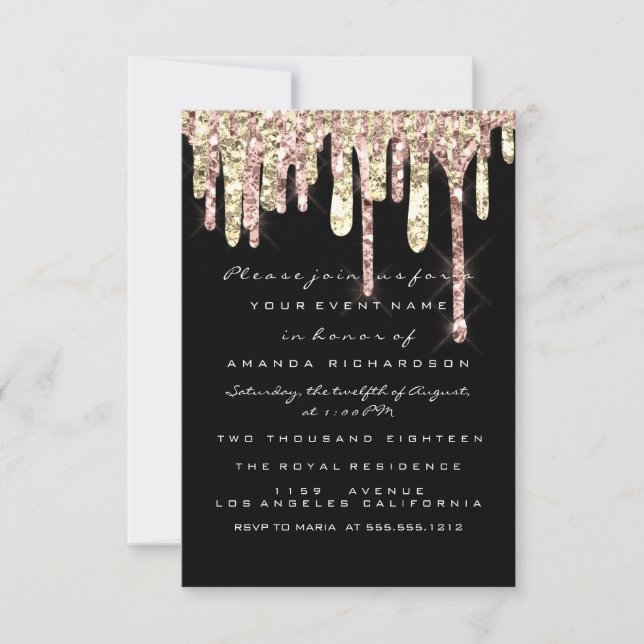 Glitter Drips Rose Gold Black Bridal Sweet 16th Invitation (Front)