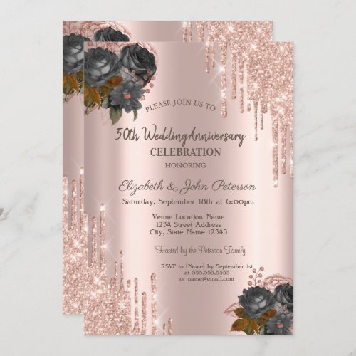 Glitter Drips Rose Gold Black Roses Wedding  Invitation