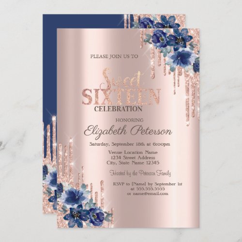  Glitter Drips Rose Gold Blue Flowers Sweet 16  Invitation