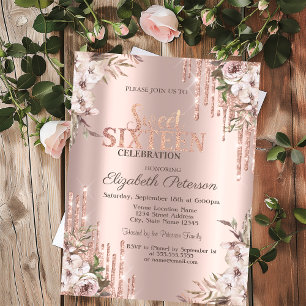 Glitter Drips Rose Gold Boho Flowers Sweet 16  Invitation
