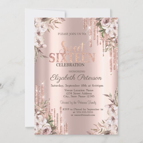 Glitter Drips Rose Gold Boho Flowers Sweet 16  Invitation