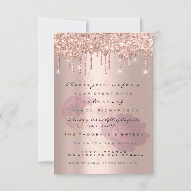 Glitter Drips Rose Gold  Bridal Sweet 16th Marsala Invitation (Front)