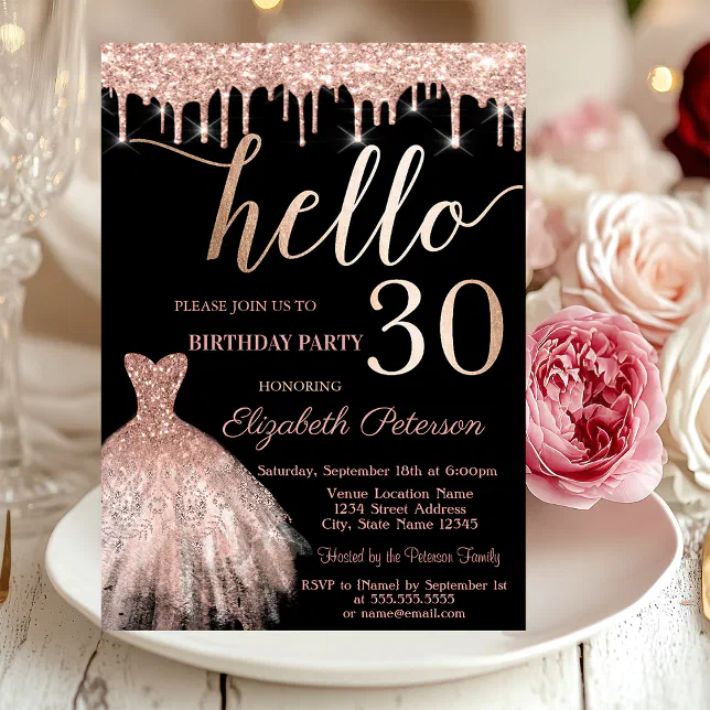 Glitter Drips Rose Gold Dress 30th Birthday Party Invitation | Zazzle