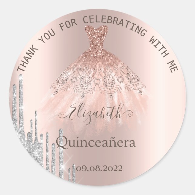 Glitter Drips Rose Gold  Dress Quinceañera Classic Round Sticker (Front)