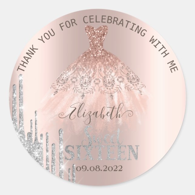  Glitter Drips Rose Gold  Dress Sweet 16   Classic Round Sticker (Front)