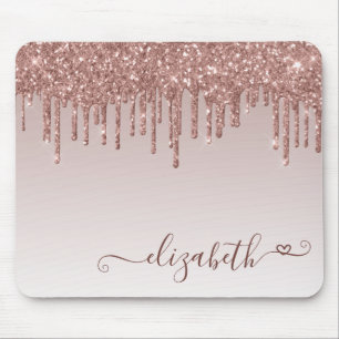 Glitter Drips Rose Gold Elegant Heart Script Name Mouse Pad