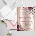 Glitter Drips Rose Gold Floral 80th Birthday  Invitation<br><div class="desc">A modern,  chic,  and glamorous with silver glitter drips,  and flowers on a rose gold background.</div>