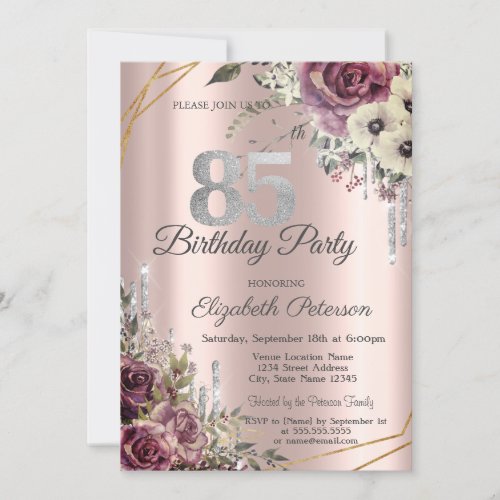 Glitter Drips Rose Gold Floral 85th Birthday  Invitation