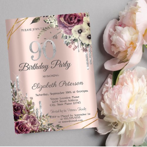 Glitter Drips Rose Gold Floral 90th Birthday  Invitation