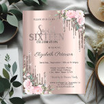 Glitter Drips Rose Gold Floral Sweet 16  Invitation<br><div class="desc">A modern,  chic and glamorous Sweet 16 with glitter drips on a rose gold background.</div>